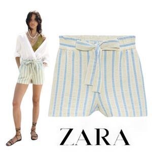 ZARA | Blue/White | STRIPED BELTED SHORTS